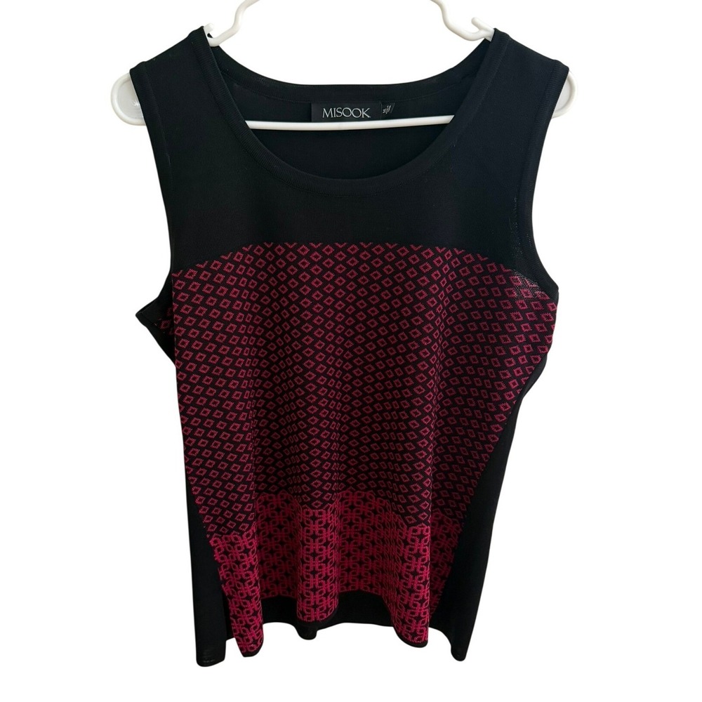 Misook Women's Black and Pink Print Round Neck Ribbed Knit Sleeveless Top Medium